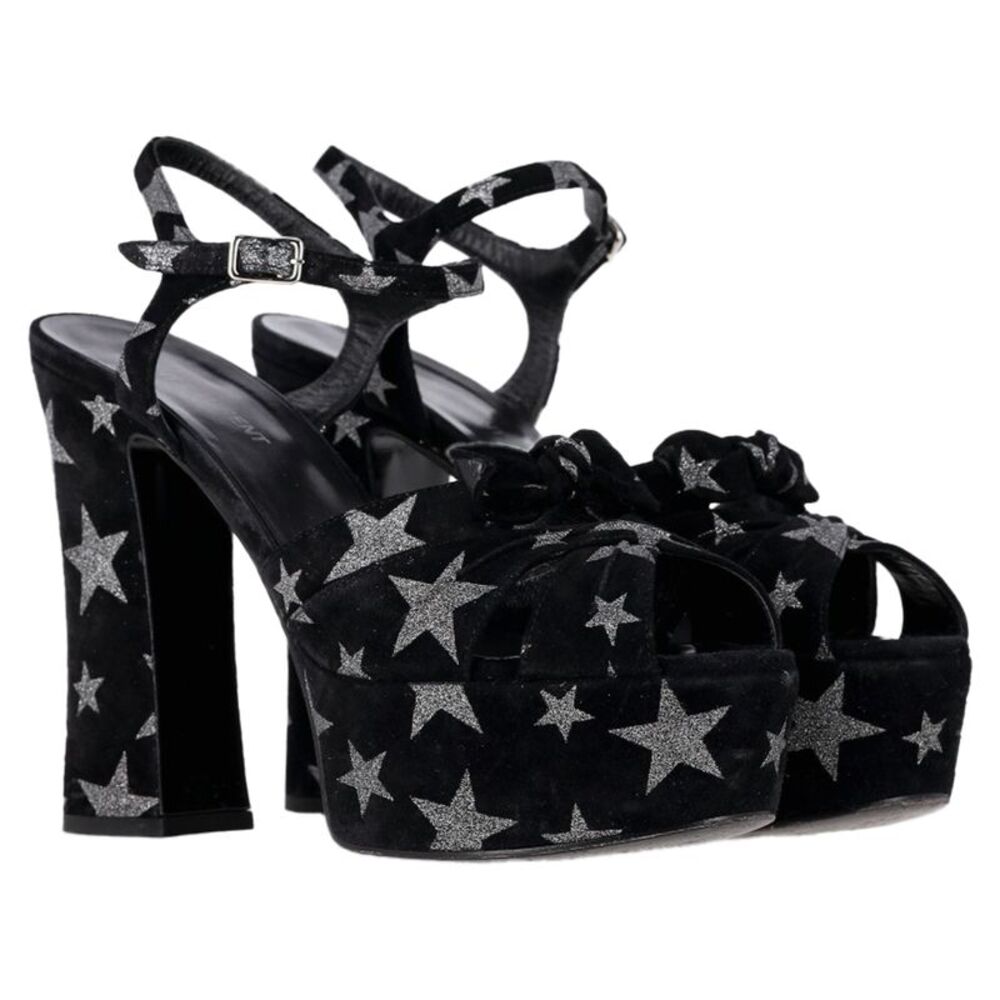 Saint Laurent Candy Star Print Platform Sandals in Black Suede - Picture 5 of 7